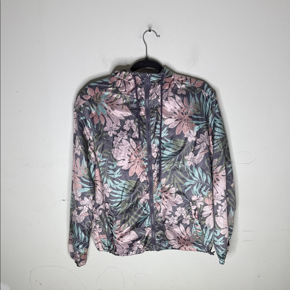 Jason Maxwell Pink and Green Floral Polyester Zip Front Hooded Bomber Jacket MD